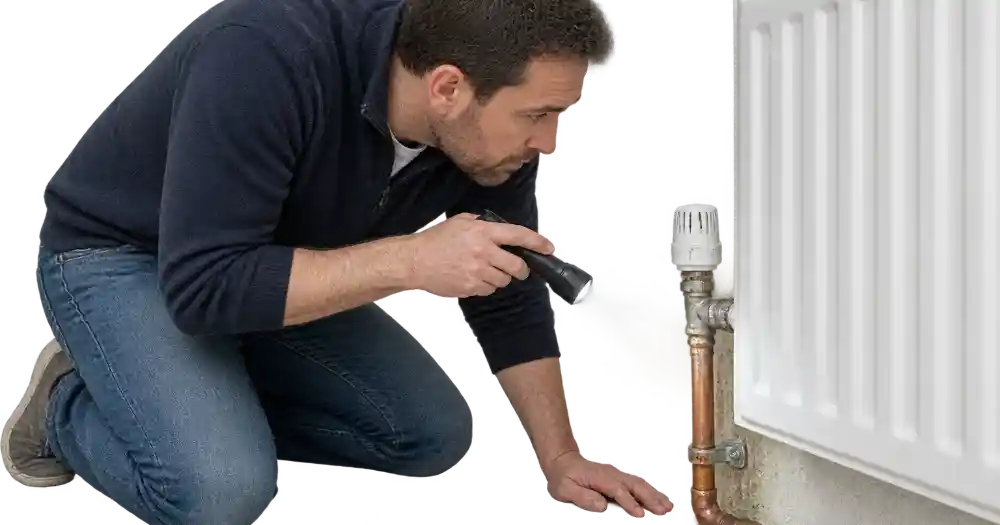 Man inspecting a radiator valve and pipe joint for damp stains with a small torch