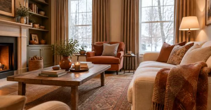 Cosy winter living room with a wool throw, lined curtains and layered rugs for a warm home