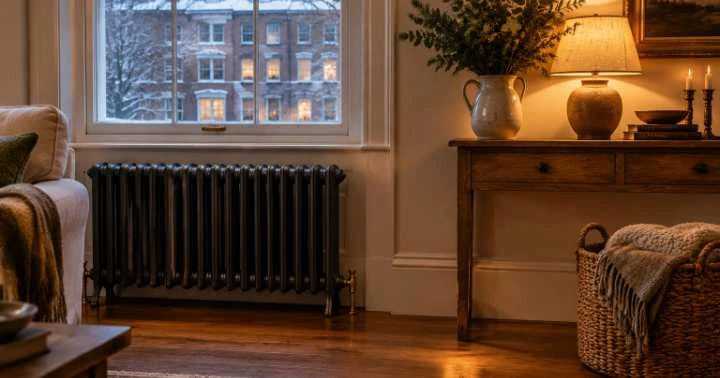 Radiator kept clear beside a console table with a lamp, evergreen branches and a blanket basket
