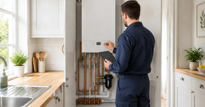 Gas Safe registered heating engineer checking a wall-mounted boiler during a winter service