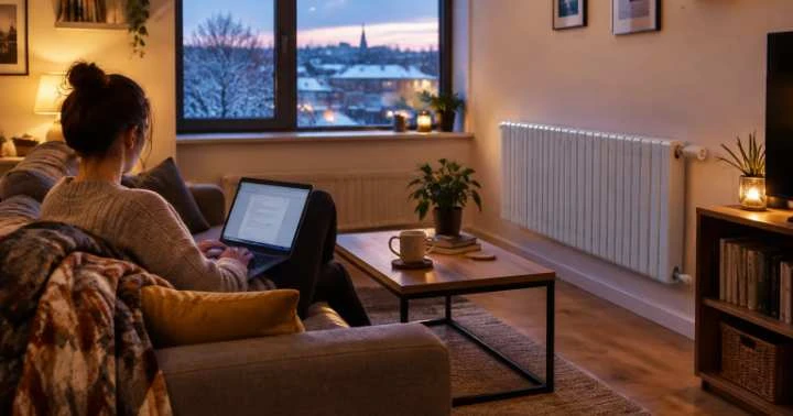 Student sitting on a sofa with a laptop beside a radiator in a rented flat during winter