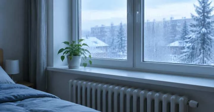 Window condensation above a radiator in a rented flat bedroom on a cold winter morning