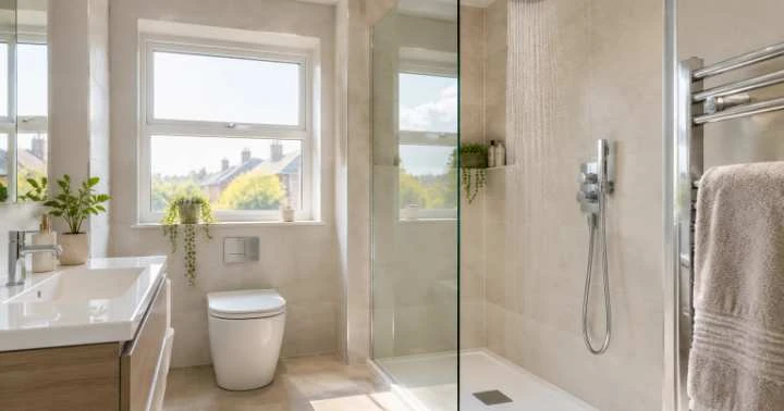 Person standing outside a bathroom shower cubicle after the water has run cold