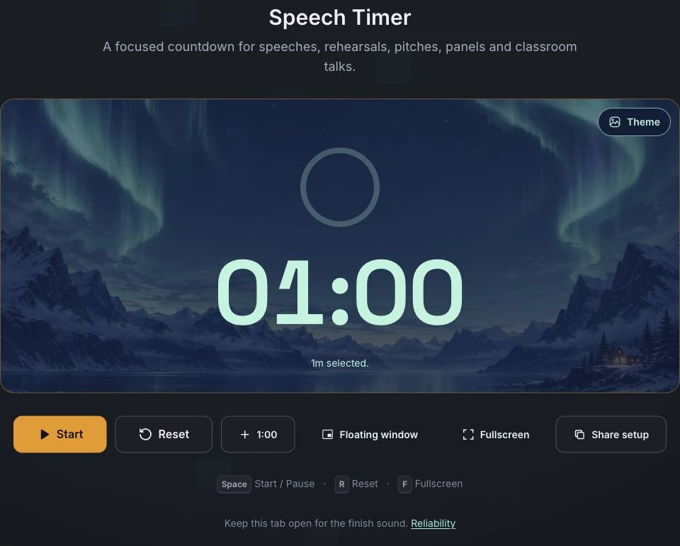 ClockFresh speech timer ready for a short speaking practice round