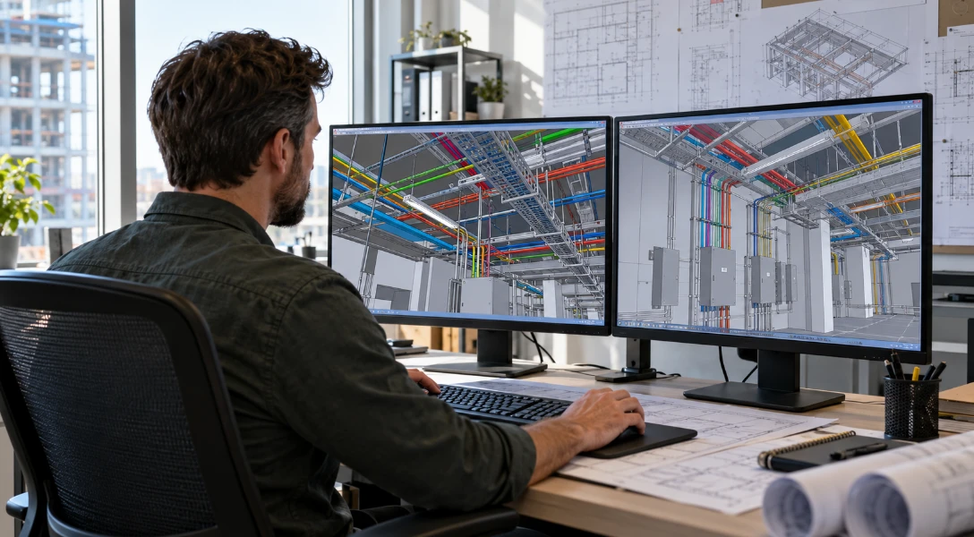 Designer at a desk with two monitors showing a color-coded 3D model of conduit runs, cable trays and electrical panels, with printed drawings on the desk and a building under construction outside the window