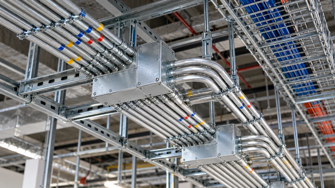 Parallel metal conduit runs with color-coded bands, factory bends and pull boxes on a strut rack, next to a wire cable tray filled with blue cables under a concrete ceiling