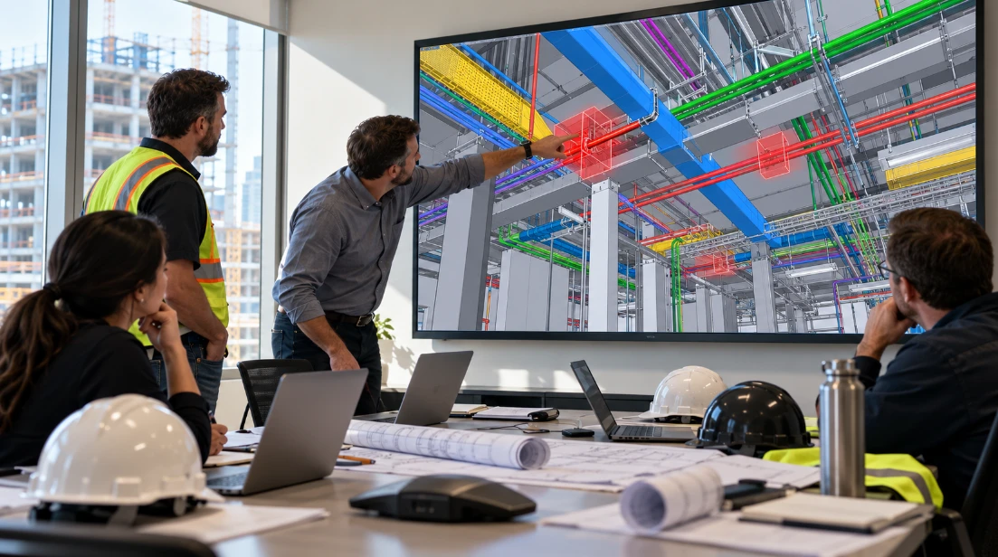 Team meeting in a conference room while a man points at a large screen showing a color-coded 3D model of building systems with red clash markers, with laptops, hard hats and rolled drawings on the table