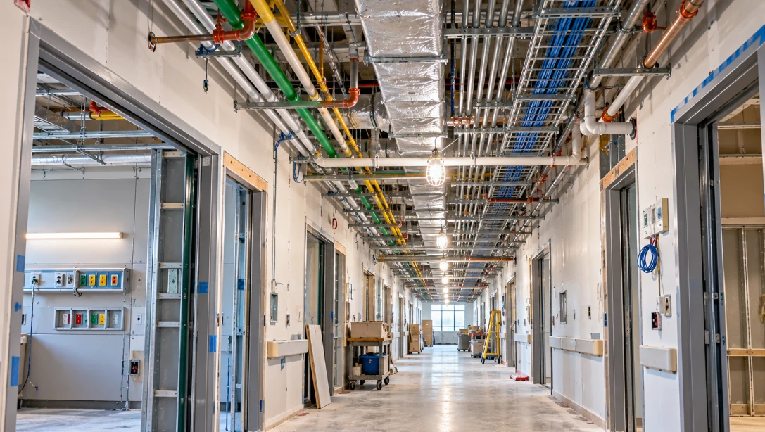 Hospital corridor under construction with an open ceiling full of color-coded pipes, foil-wrapped ductwork and a cable tray with blue cables, and a patient room wall with installed outlets and medical gas ports visible through an open doorway