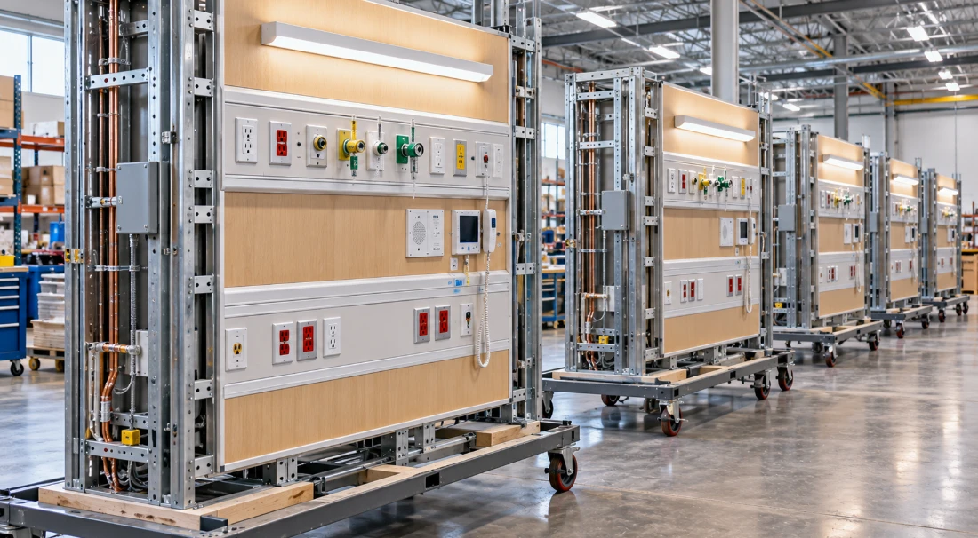 Row of prefabricated patient room headwall units on wheeled carts in a fabrication shop, each fitted with red and white outlets, medical gas outlets, a nurse call station and an overhead light