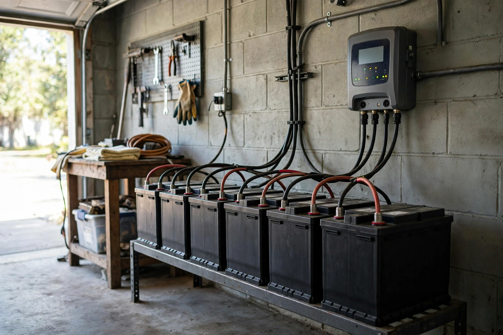 Row of deep-cycle batteries wired in series on a garage rack for home backup power
