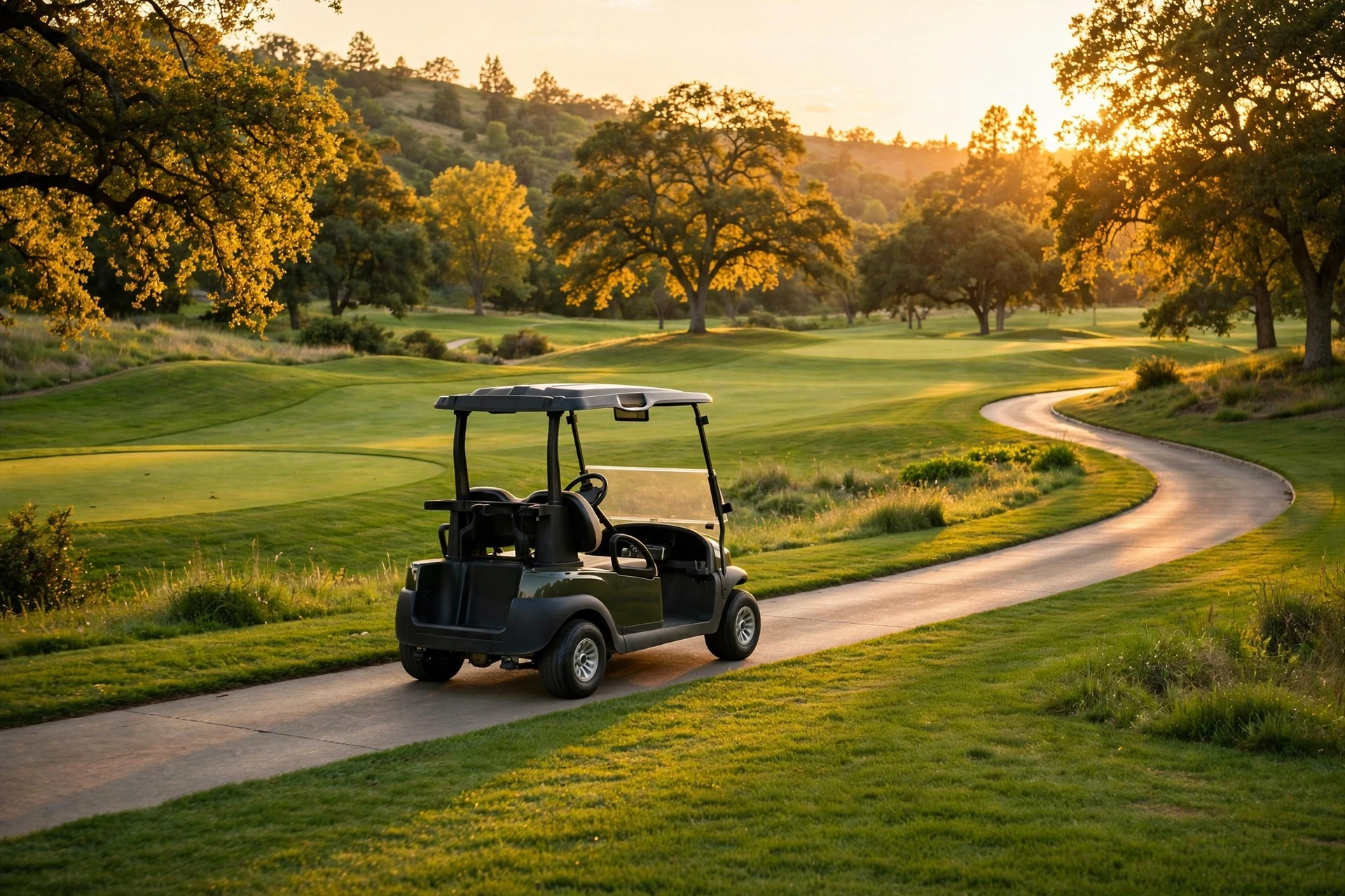 Golf cart on a green course at golden hour, powered by deep-cycle golf cart batteries