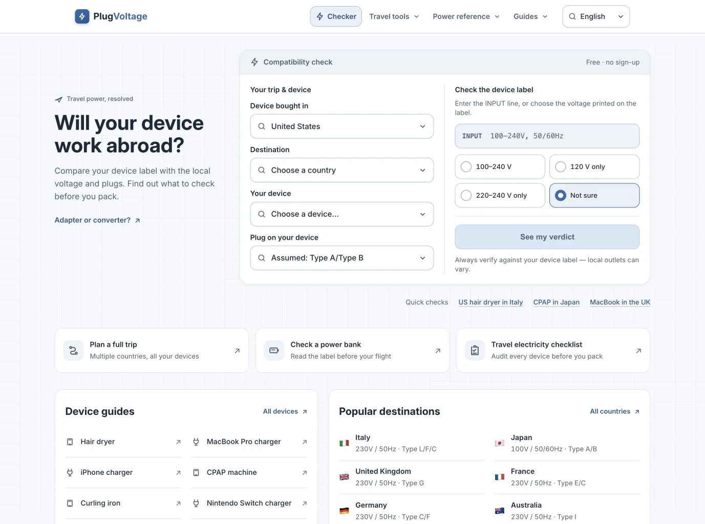PlugVoltage travel power checker: actual website screenshot