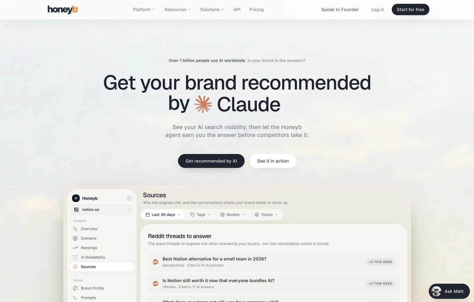 Honeyb homepage and Sources view: the Reddit threads AI engines cite for a brand