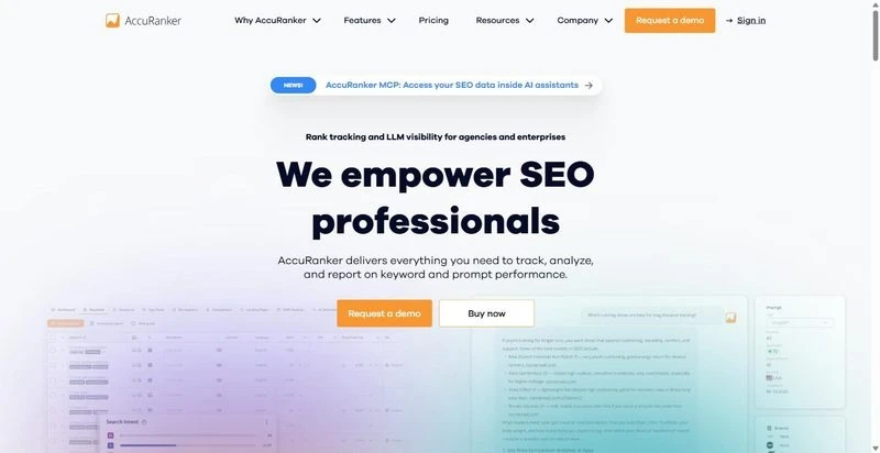 AccuRanker homepage, rank tracking with an LLM visibility product beside it