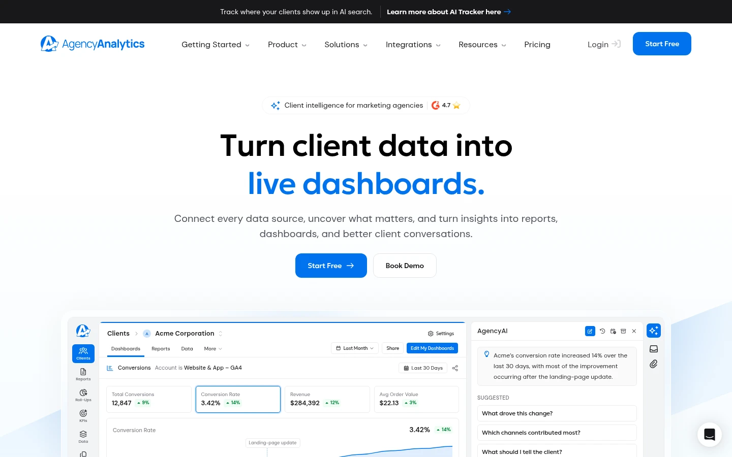 AgencyAnalytics homepage, client reporting with an AI Tracker add-on