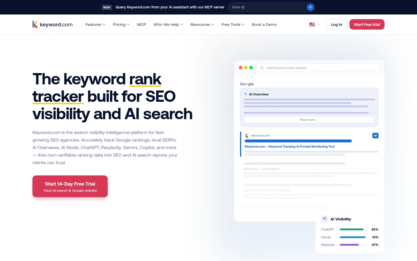 Keyword.com homepage, keyword rank tracking with AI visibility credits for agencies