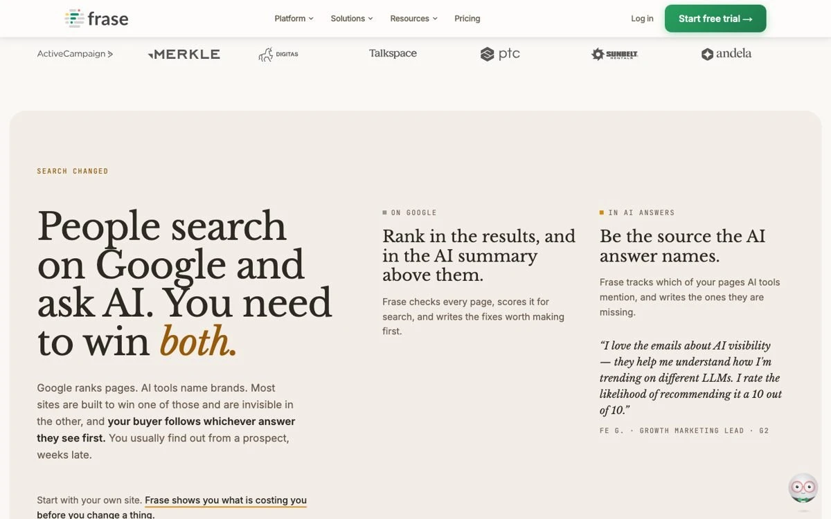 Frase's homepage, where every change waits for a human yes