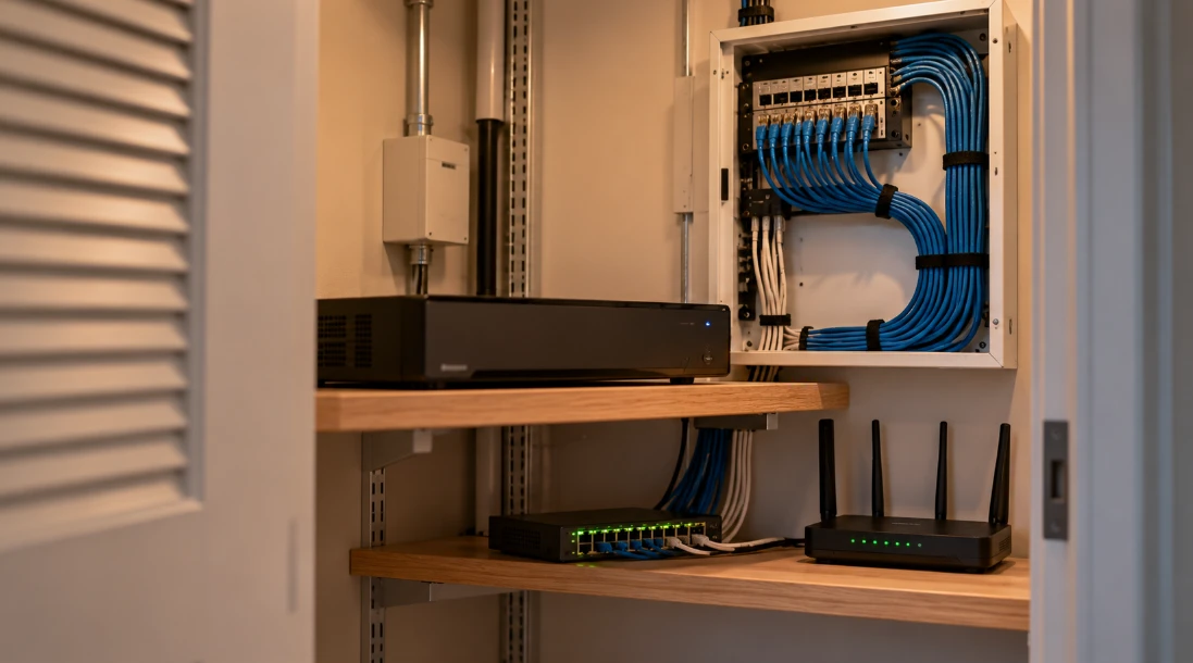 Ventilated closet shelf with a compact network video recorder, a network switch and an internet router with green lights