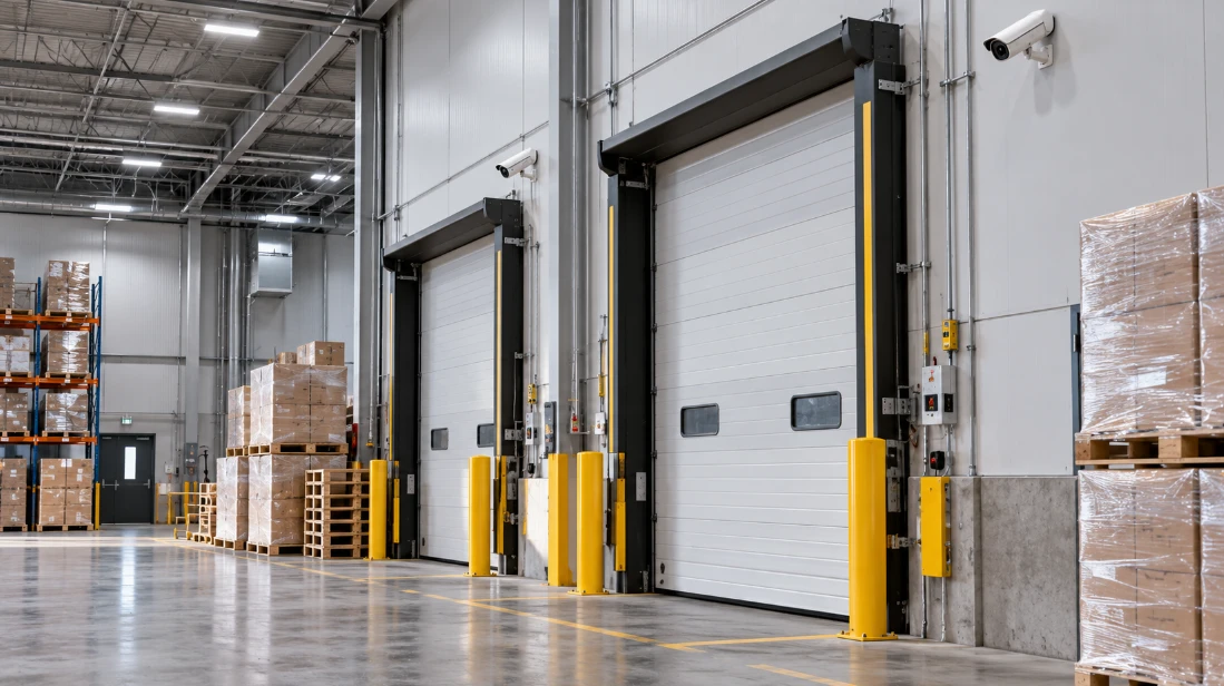 Warehouse loading dock with bullet cameras mounted high on the wall above the bay doors