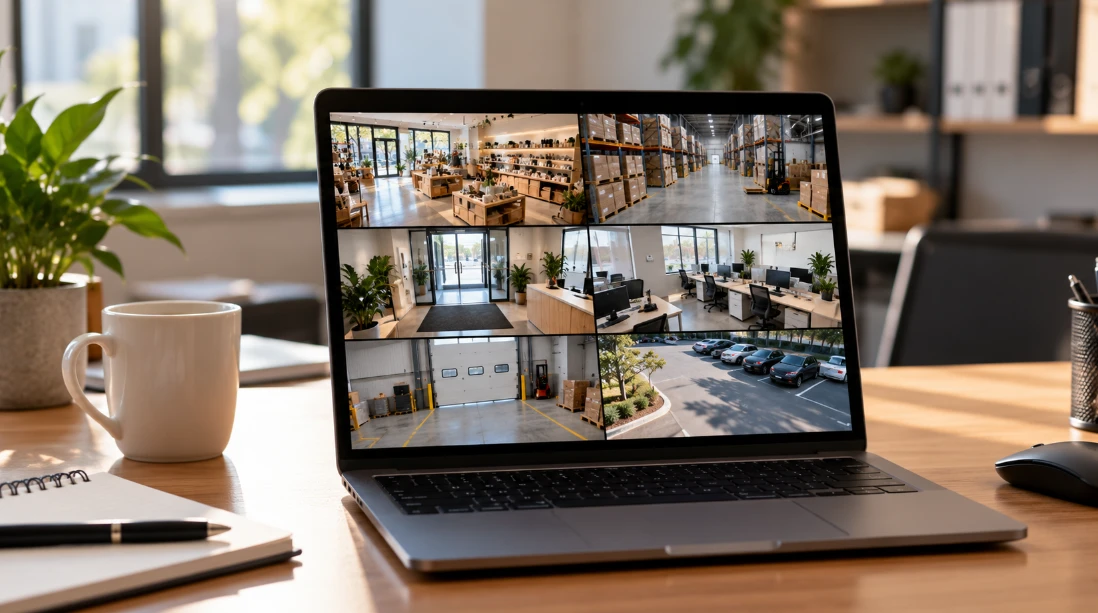 Laptop on an office desk showing a grid of camera views from several business locations