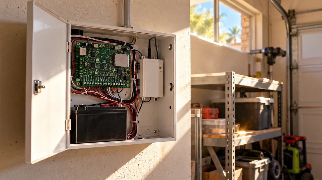 Closed white alarm control panel cabinet mounted on a garage wall, sunlight streaming through a small window
