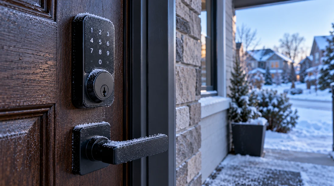Black keypad deadbolt with frost on its buttons on a dark wooden front door, light snow on the porch