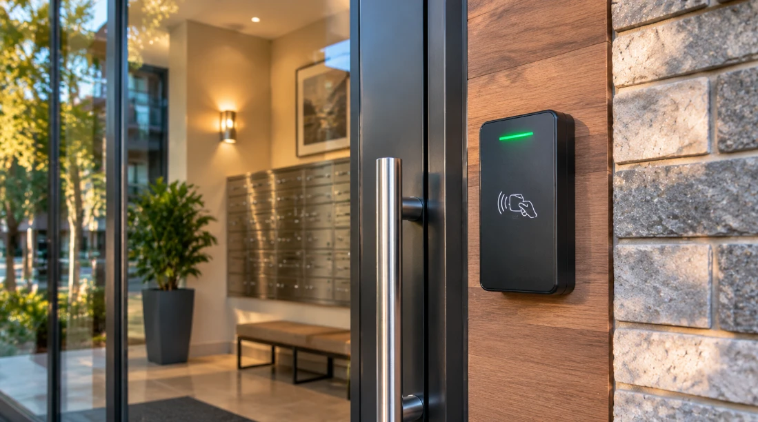 Card reader beside a glass entry door of a modern condo building, mailboxes visible in the lobby inside