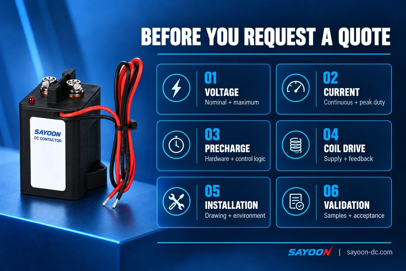 EV contactor procurement checklist covering voltage, current, precharge, coil drive, installation and validation