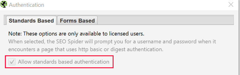 Screaming Frog: выключить запросы аутентификации