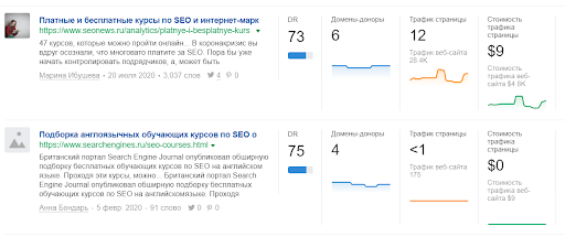 Выдача примеров контента в Контент эксплорере Ахрефс