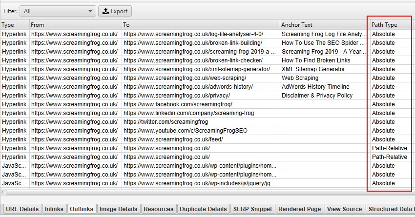 Проверка абсолютных и относительных ссылок в Screaming Frog