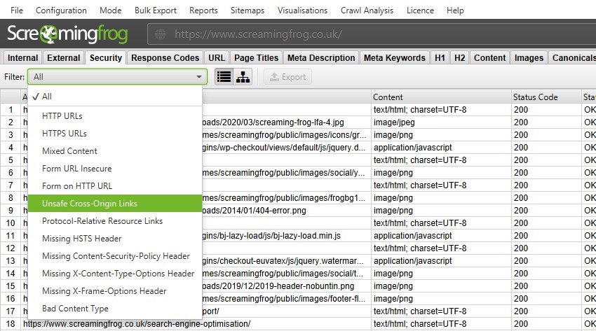 Screaming Frog: проверка безопасности http или https 
