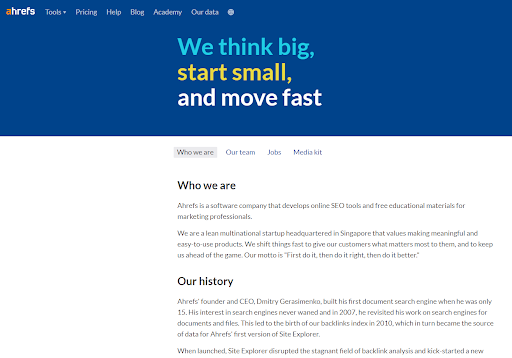 Ахрефс - примеры страниц о нас
