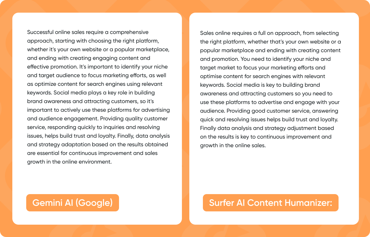 Порівняння двох текстів: ліворуч текст, згенерований Gemini AI (Google), праворуч – текст, оброблений Surfer AI Content Humanizer.