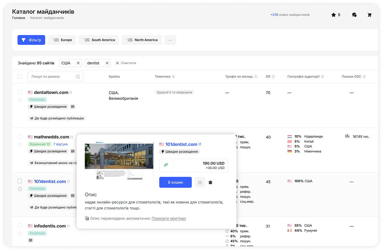 Результати після AI-фільтрації сайтів за ключовим словом «dentist» у каталозі Collaborator