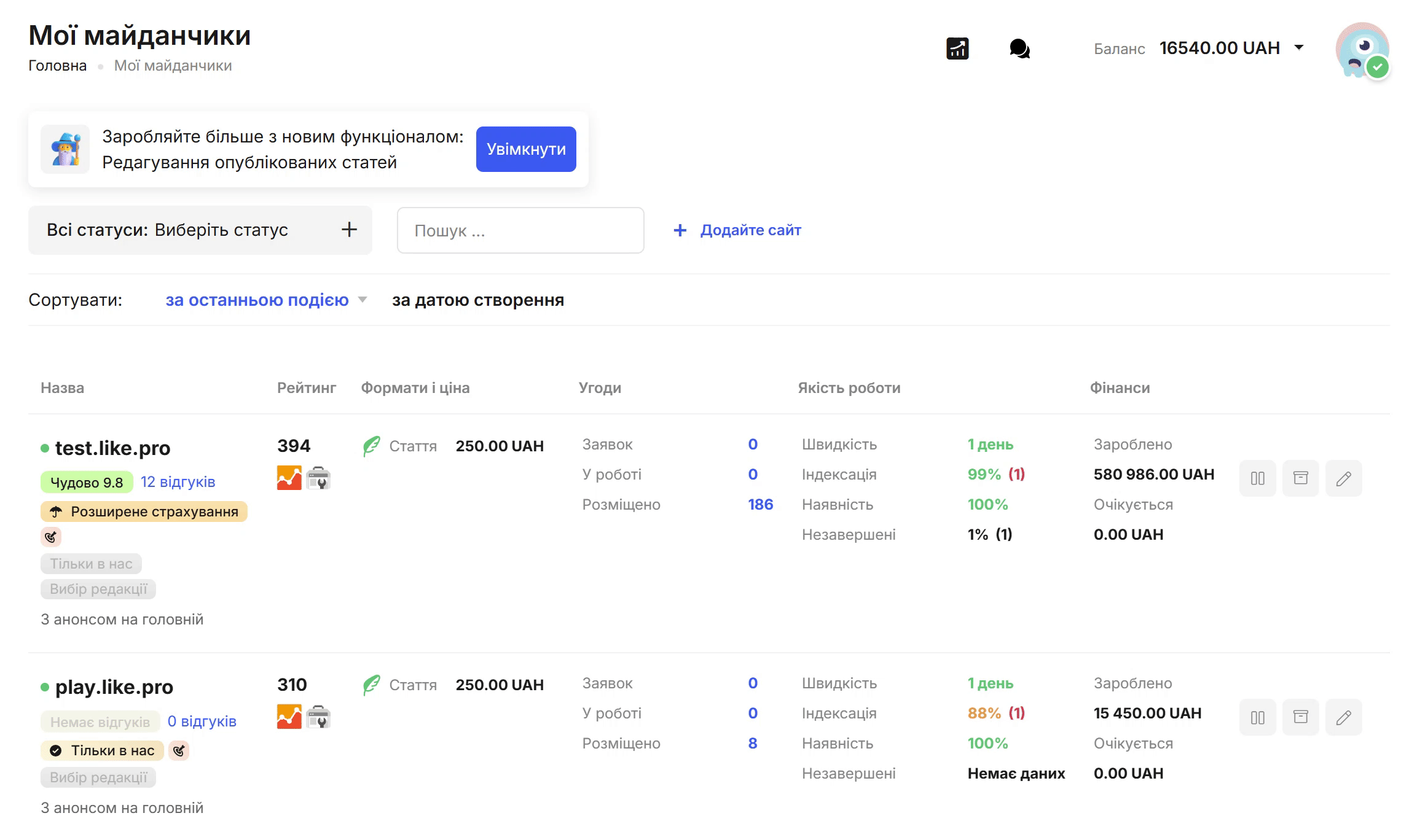 Як перейти у редагування налаштувань конкретного майданчика