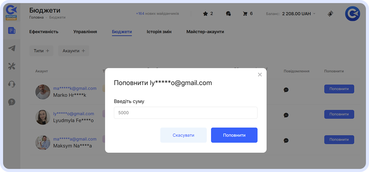 Модальне вікно поповнення бюджету в Майстер-акаунті: поле введення суми (5000) та кнопки «Скасувати» і «Поповнити»