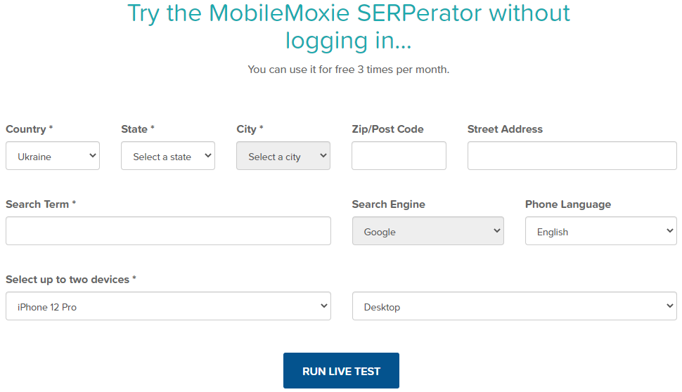 Проверка оптимизации для мобильных устройств на Mobile SERP Test