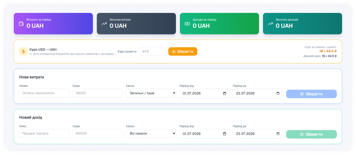 Інтерфейс внесення витрат і доходів для розрахунку CPL та ROI GEO-каналу в AdeFfix
