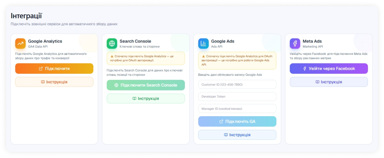 Сторінка підключення інтеграцій Google Analytics, Google Search Console, Google Ads і Meta Ads у AdeFfix