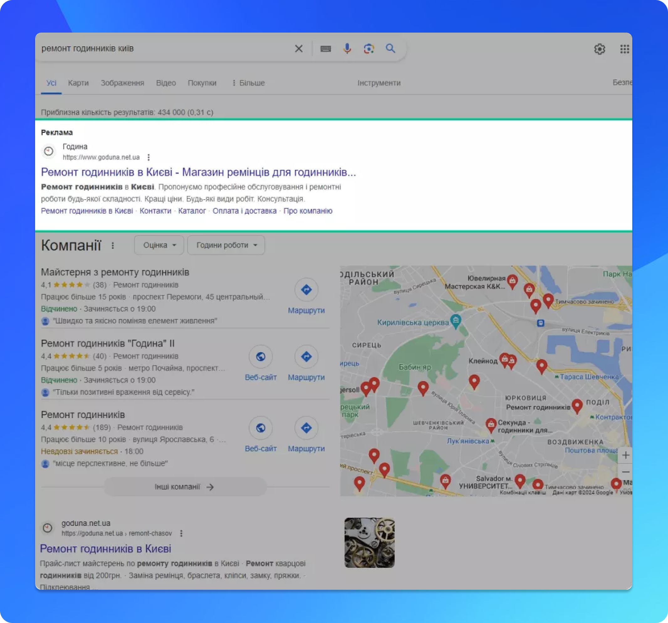 Блок рекламных объявлений размещается над органической выдачей и под ней