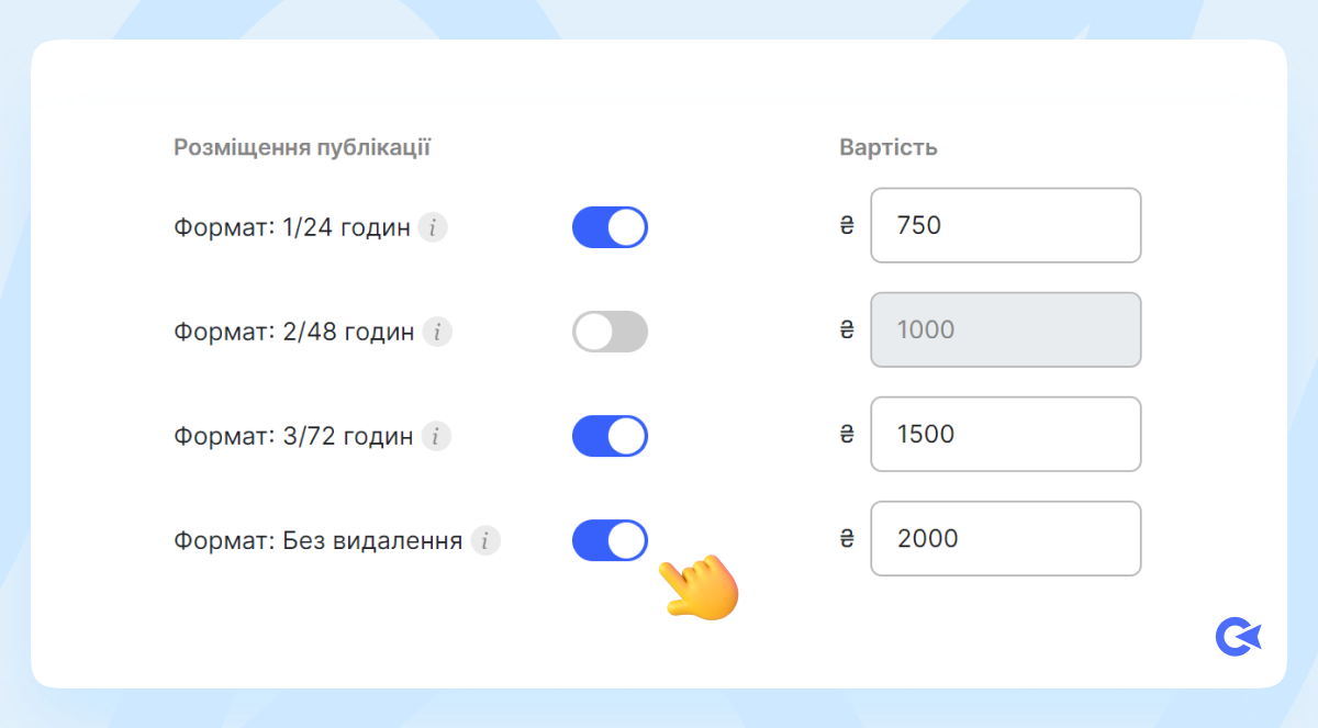 Як обрати формати розміщення у Телеграм та вказати вартість публікації