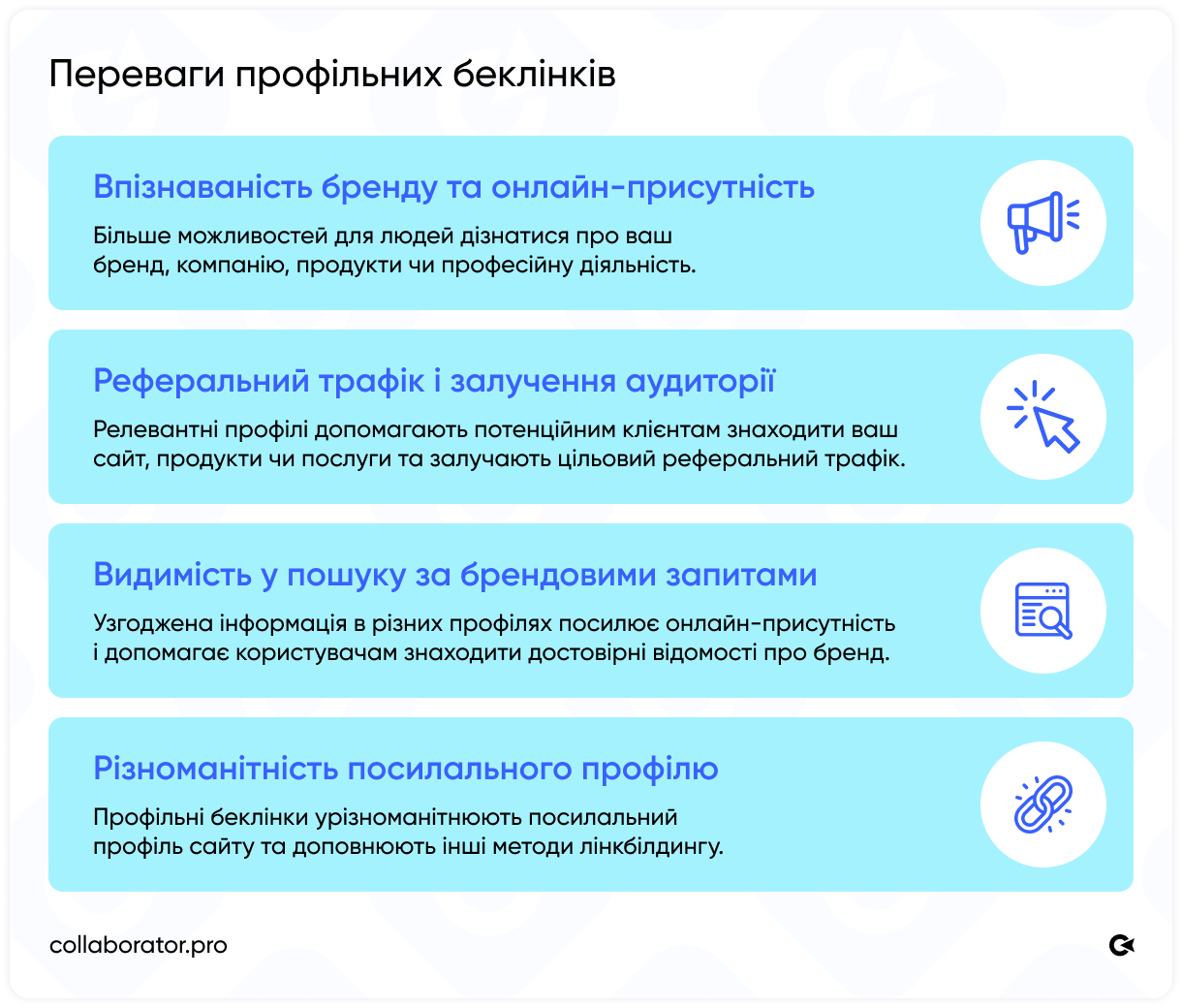Переваги профільних посилань: впізнаваність бренду, реферальний трафік, видимість бренду в пошуку, різноманітність посилального профілю