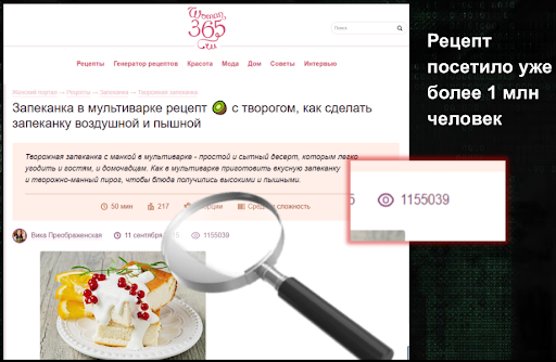 Посещаемость статьи на информационном сайте с рецептами 
