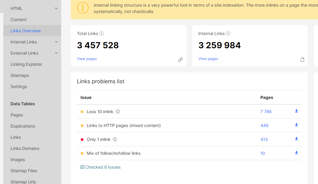 Скріншот аналізу структури внутрішніх посилань, виконаного в Jet Octopus