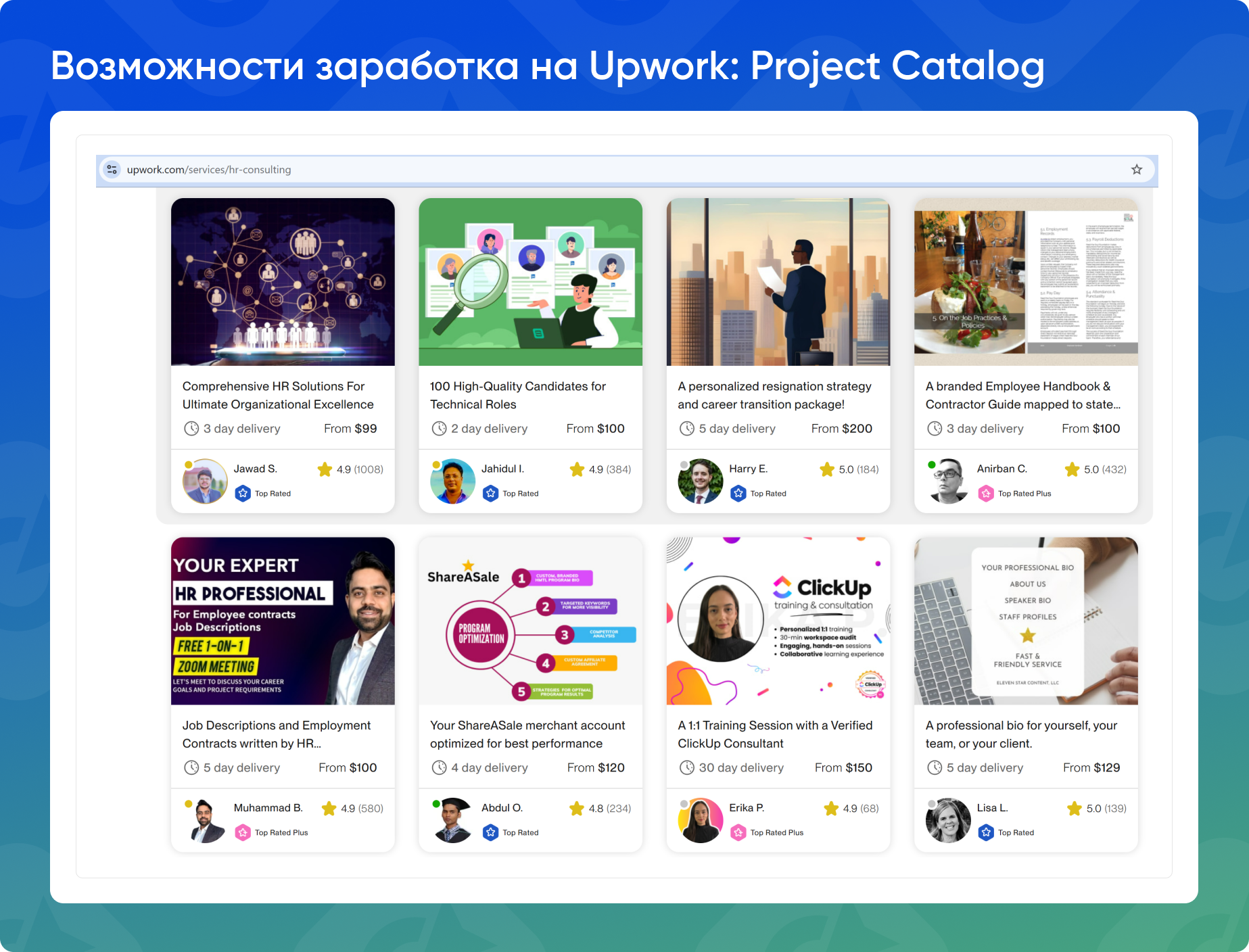 Страница каталога проектов на Upwork, демонстрирующая услуги с ценами и отзывами клиентов.