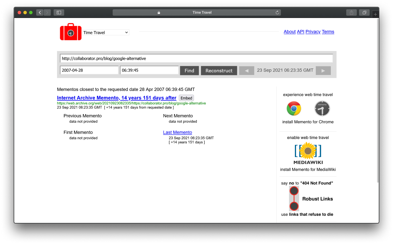 Time Travel - инструмент для поиска данных о страницах по всем веб-архивам 