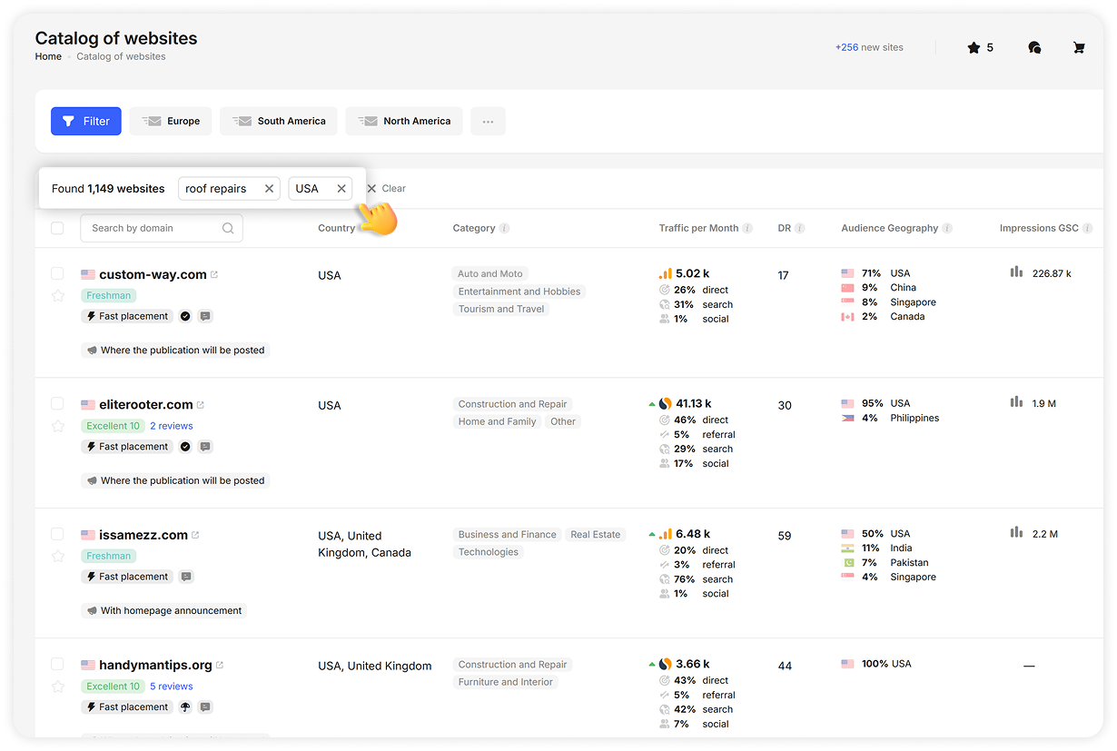 Website catalog filtered by "roof repairs" keyword and USA country showing 1,149 results, displaying website listings with traffic metrics, DR scores, category tags, and audience geography breakdowns