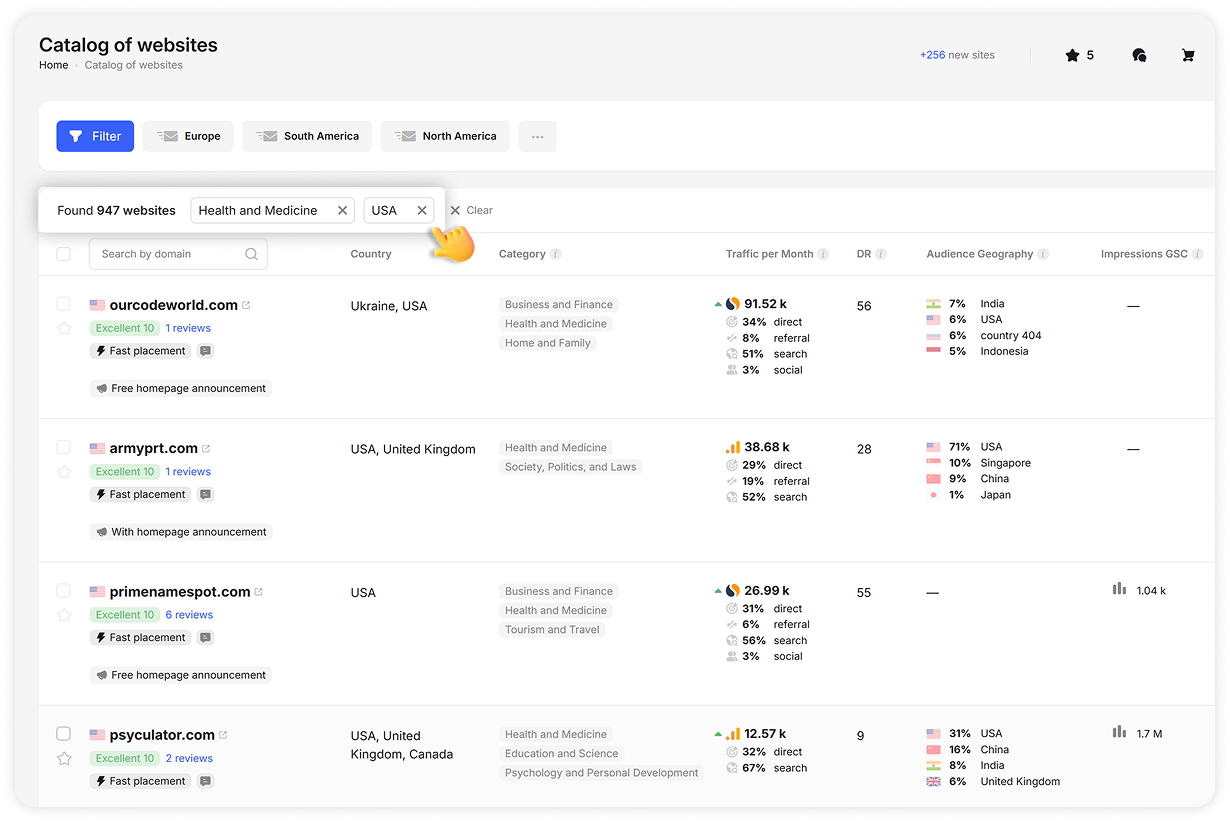 Website catalog interface showing 947 filtered results for Health and Medicine category in USA, displaying domain listings with metrics including traffic, DR scores, audience geography, and placement options