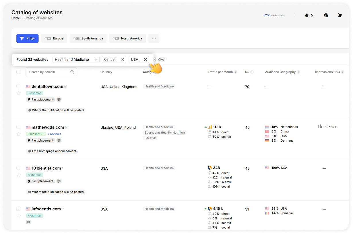 Website catalog with multiple filters applied: Health and Medicine category, dentist keyword, and USA country, showing 30 filtered results with traffic metrics, DR scores, and audience geography data
